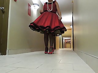 Sissy Ray In Red Dress and Black Crinoline Petticoat